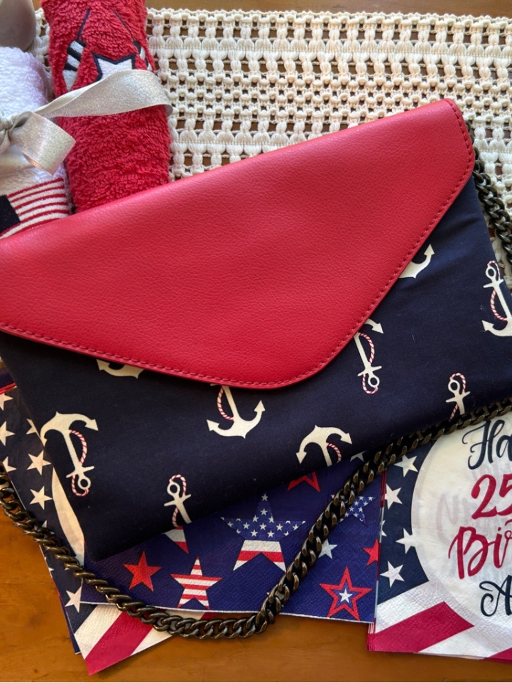 J. Crew UK Sailor Bag Anchors Aweigh Red Genuine Leather Blue Cotton Fabric NEW